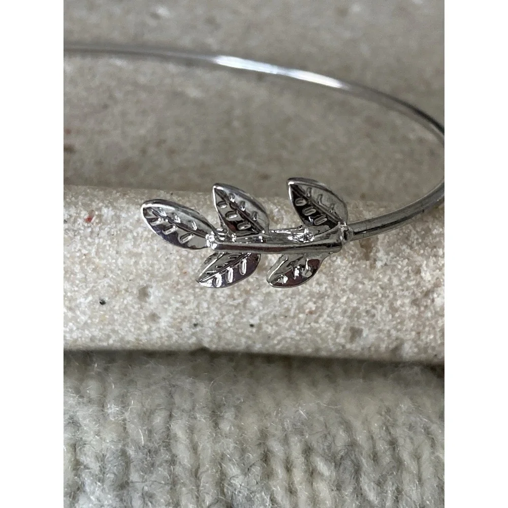 Silver Tone Open Cuff Bracelet Leaf Branch Minimalist Bangle Botanical Vine